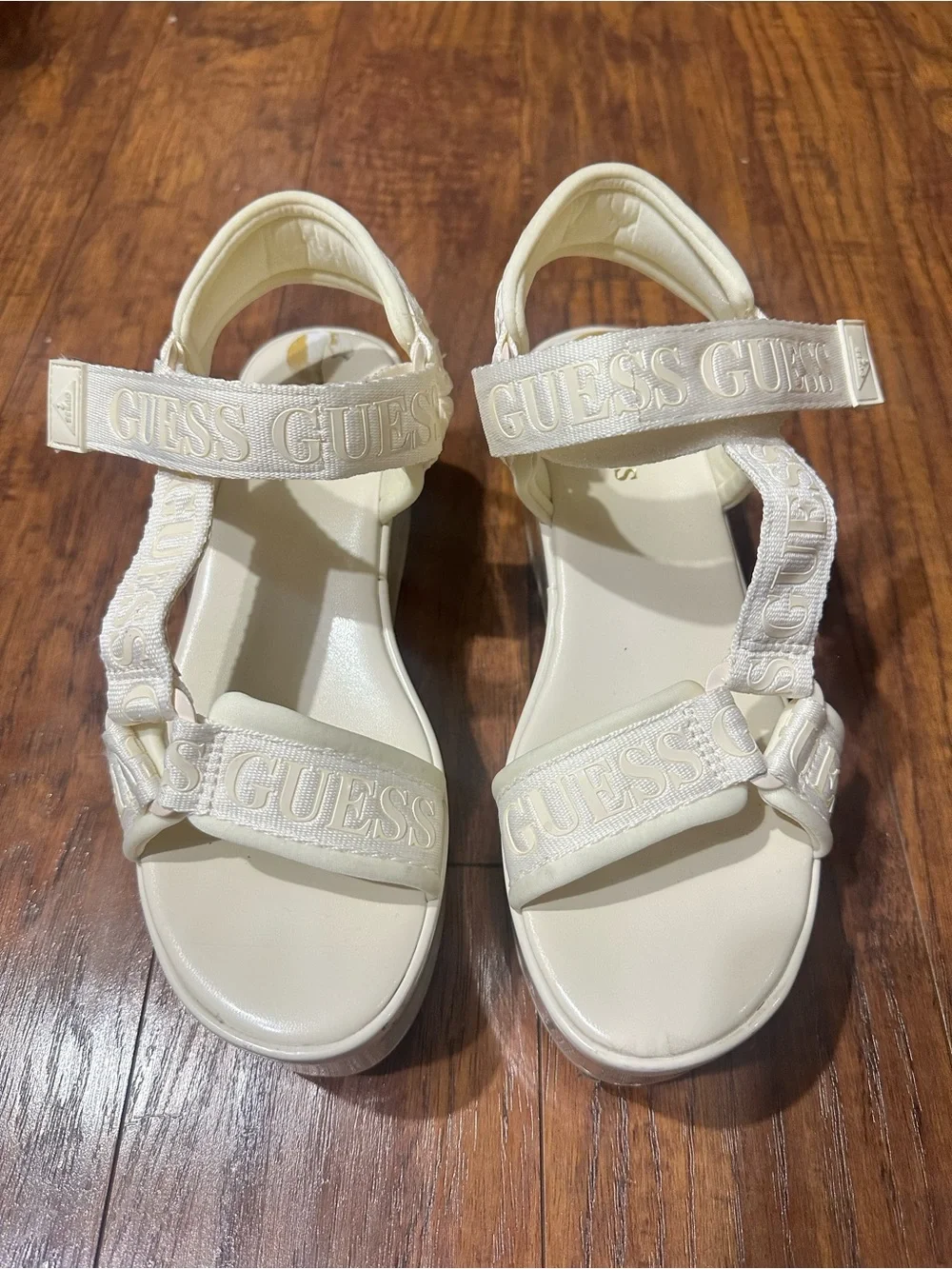 GUESS Cream Embroidered Logo Platform Sandals